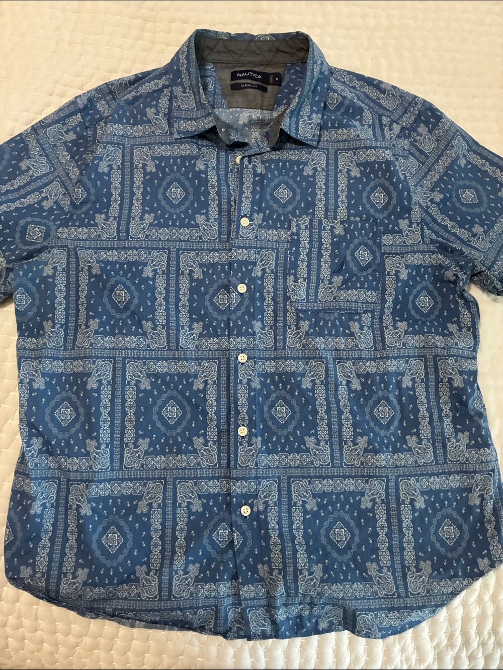 Nautica Blue Bandana-Print Short-Sleeve Button-Down Shirt XL